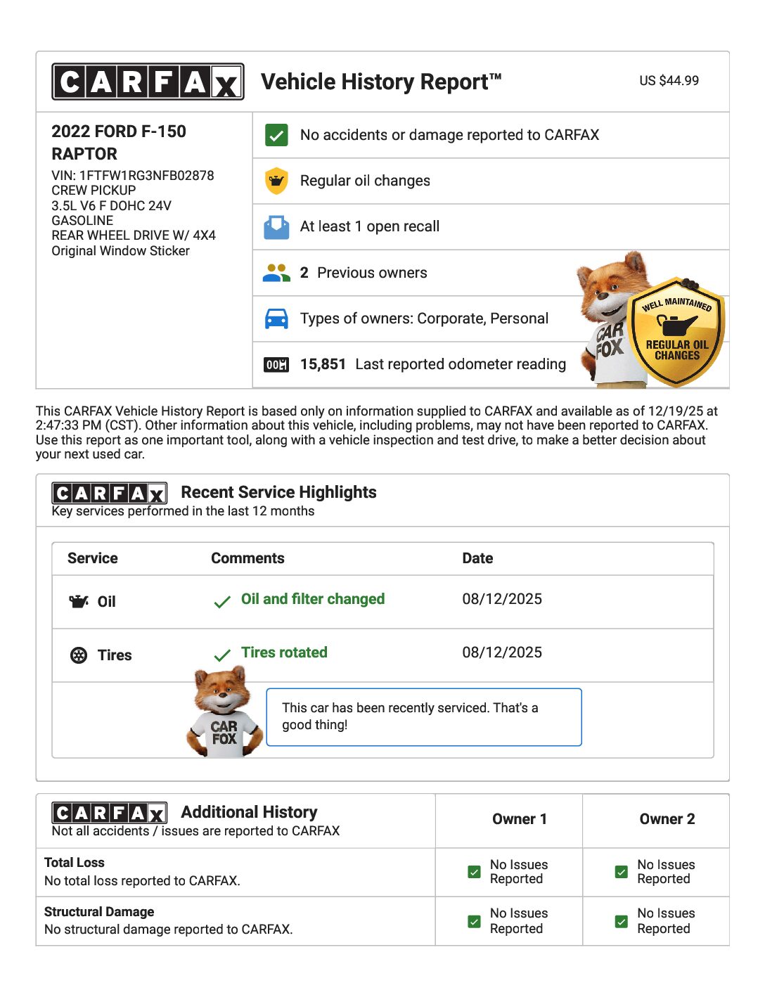 CARFAX Vehicle History Report for this 2022 FORD F-150 RAPTOR_ 1FTFW1RG3NFB02878